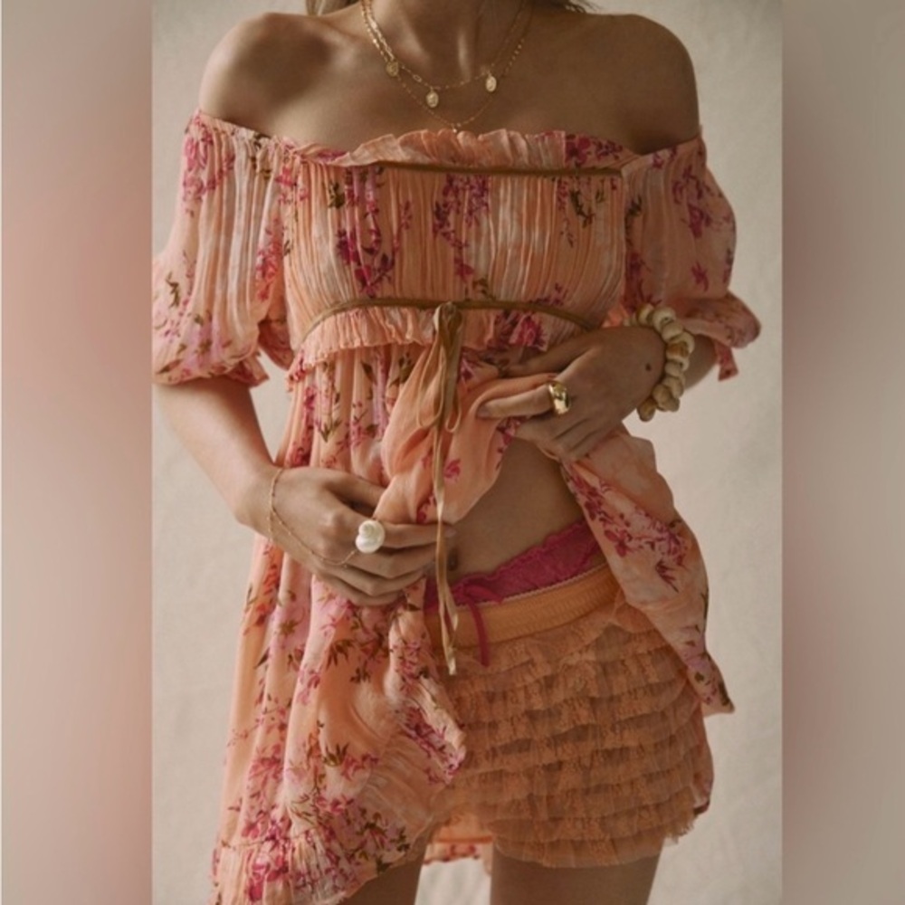 NWT Free People Peach Floral Sheer Babydoll Tunic Mini Dress Boho Romantic M